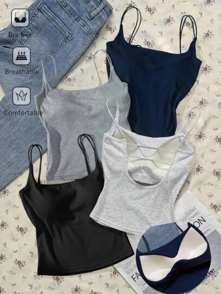 Attitoon 4pcs/Set Multicolor Cropped Tight Fit Sports Bra Camisole Top With Back Detail, Suitable For Activewear And Casual Layering, Summer - Size M