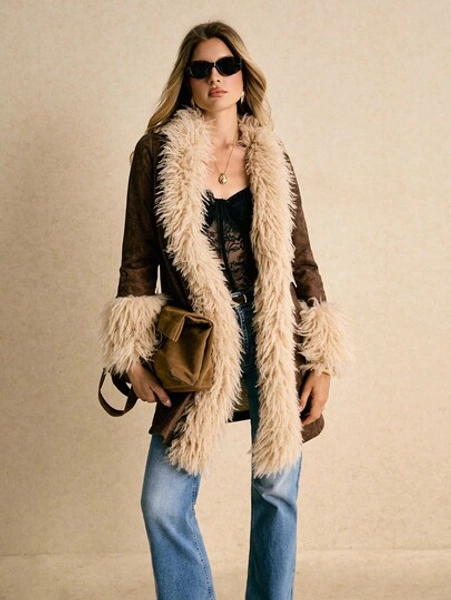 Poéselle Boho Contrast Faux Fur Trim PU Coat – Mid-Length Shaggy Lined Jacket For Women, Fall 2025 Outerwear,Boho Faux Fur Coat,Contrast Trim Long Coat,Shaggy Fur Trim Jacket,Pu Leather Outerwear,Vintage Shaggy Coat,Cozy Mid Length Jacket,Autumn Chic Outerwear,Brown Leather Jacket