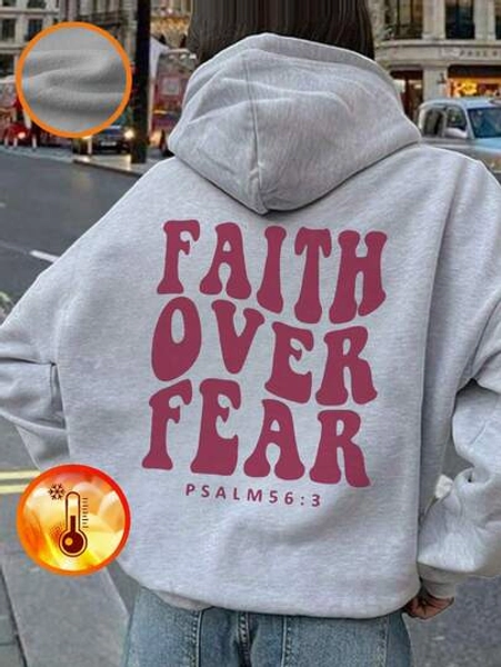 1pc Tween Girl Casual Printed Pullover Hoodie Sweatshirt, Autumn/Winter Student Young Clothing Long Sleeve Fleece Thick Top - Hoodie Designed For Adventurous Young Souls, Faith Conquers Fear