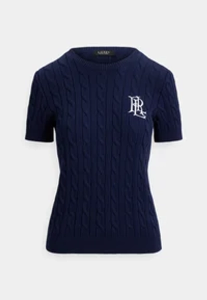 CABLE-KNIT COTTON SHORT-SLEEVE SWEATER - T-shirt basic - refined navy