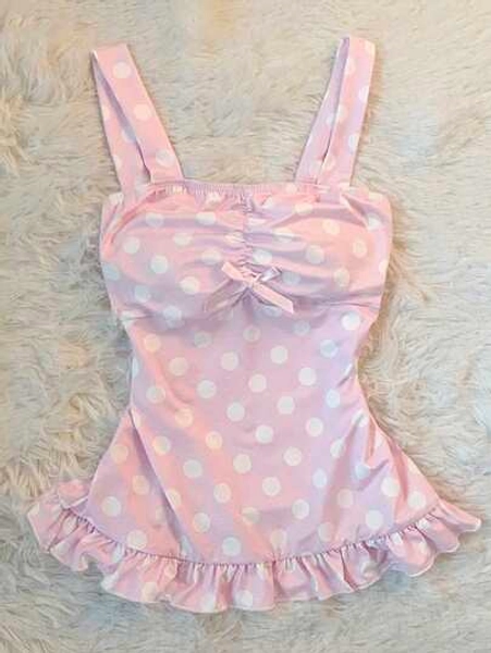 SHEIN Women's Pink And White Polka Dot,Summer,90s Retro,Tea Party Sweet Fairytale Y2K Slim-Fit Crop Top With Cute Bow,Innocent Casual Everyday Wear Gift - Size XL