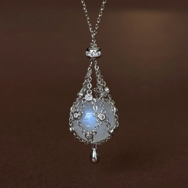 Moonstone Cage Necklace Interchangeable Crystal Holder Pendant, Adjustable Silver Net Jewelry Intuition Gemstone Intentional Gift for Her