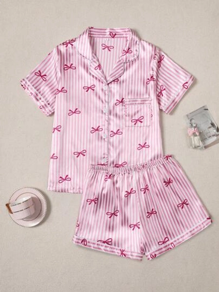 Women's Bow & Stripe Print Short Sleeve Top & Shorts Pajama Set