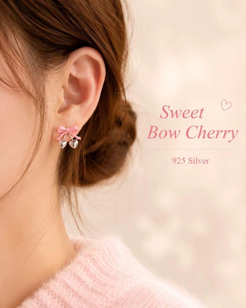925 Silver Pink Enamel Bow & Double Heart Drops | Coquette Sweet Cherry Earrings