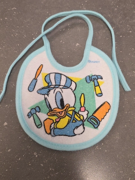Vintage  80s Disney Donald Duck Builder Tools terry cloth Baby Bib tie closure