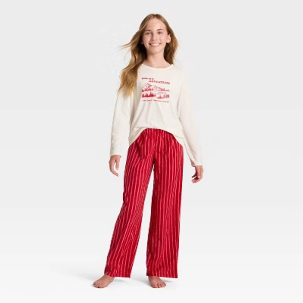Girls' 2pc Striped Adventure Graphic Long Sleeve Holiday Pajama Set - Cat & Jack™ Light Red S