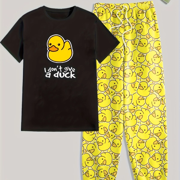 Men'S Short-Sleeve Pajama Set with a Yellow Duck Print And Long Pants