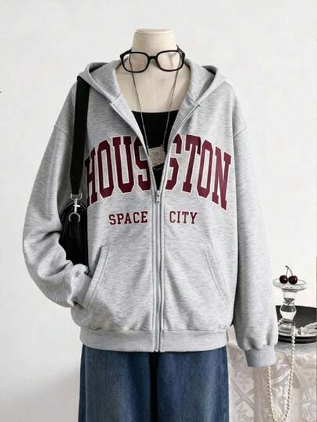 1pc Teen GirlCasual Minimalist Letter Print Pocket Zip-Up Hoodie Jacket, Simple Streetwear Style, Essential For Autumn/Winter