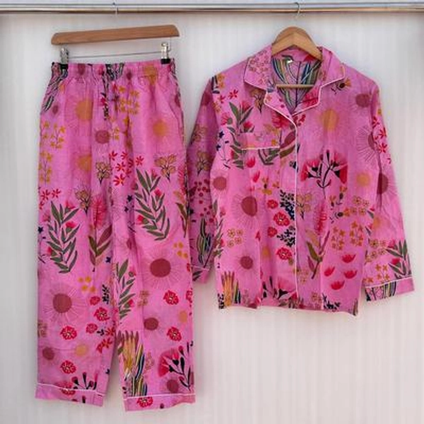 Pink Floral Cotton Pajama Set - Handblock Print Sleepwear