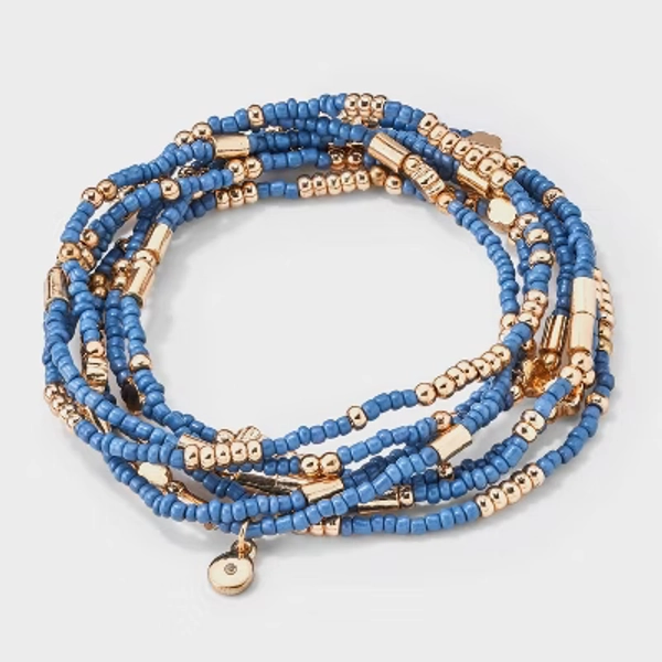 Floral Beaded Bracelet Set 7pc - Universal Thread™ Blue: Glass Acrylic Zinc Alloy Stretch Jewelry
