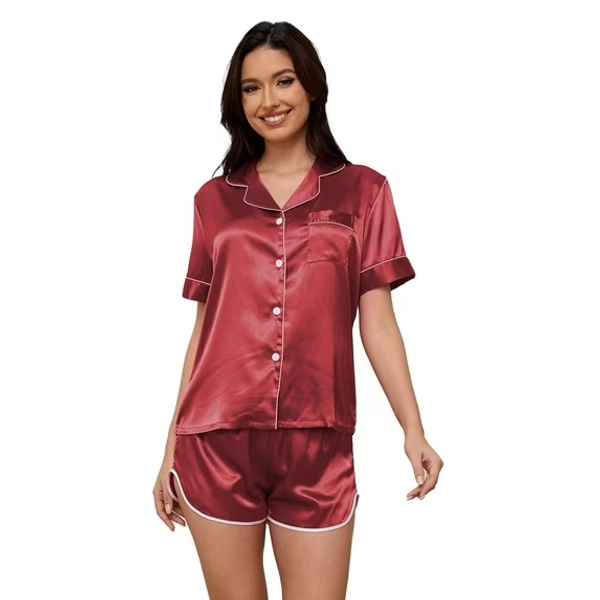 UNEEI Women Pajamas Set 2PC Silk Satin Lapel Sleepwear Short Sleeve Tops, Soft Women Loungewear