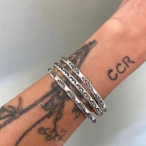 ! Set of 3 Stamped Sterling Stacker Cuffs- Diamonds, Arches, Rays motif- 3 Silver Cuff Bracelets