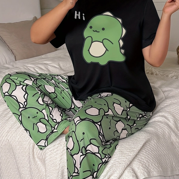 Plus Size Women's Pajamas with Cute Cartoon Dinosaur Print Loungewear Set
