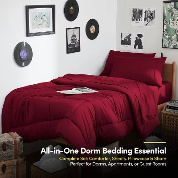 7PC Campus Ready Dorm Twin XL Bedding Bundle, Solid Comforter, Down Alternative Pillows and Sheet Set - Red