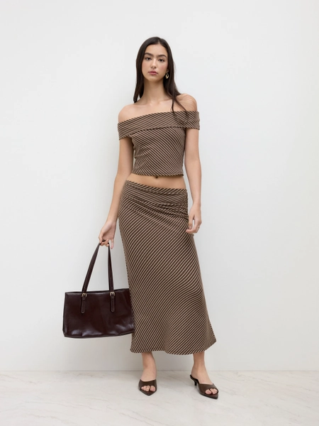 Cotton-blend Off-shoulder Stripes Top & Mid Rise Ruched Maxi Skirt Set