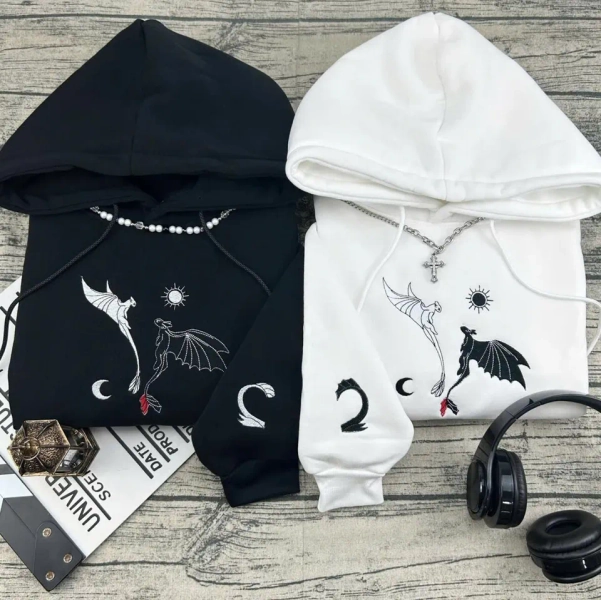 Toothless & Light Fury Embroidered Hoodie, Toothless And Light Fury Shirt, How To Train Your Dragon Embroidery Hoodie Unisex's XL Black sold by Active Alchemy | SKU 59917232 | Printerval UK