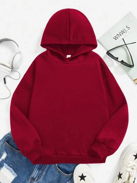Teens Girls' Casual Pattern Long Sleeve Hooded Thick Sweatshirt, Suitable For Autumn/Winter, Burgundy Solid Color, Versatile, Suitable For Social Occasions Fall