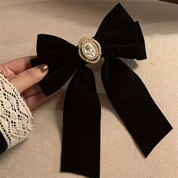 elegant black rose bow hair clip gemstone center french - Temu