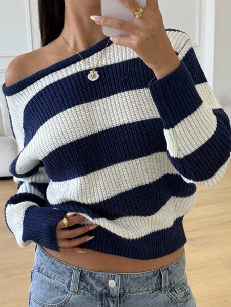 SHEIN Regular Length Acrylic Sweater For Teen Girls With Modern Striped Design Blue And White Striped Sweater Navy Blue Sweater Blue Sweater Striped Sweater Off The Shoulder Sweater,In Fall/Winter