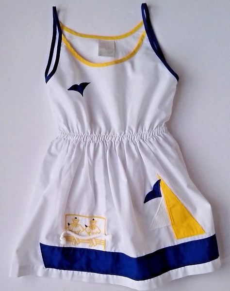 Girls White Sleeveless Dress with  Blue and Yellow trim, Nautical theme. 1980s
