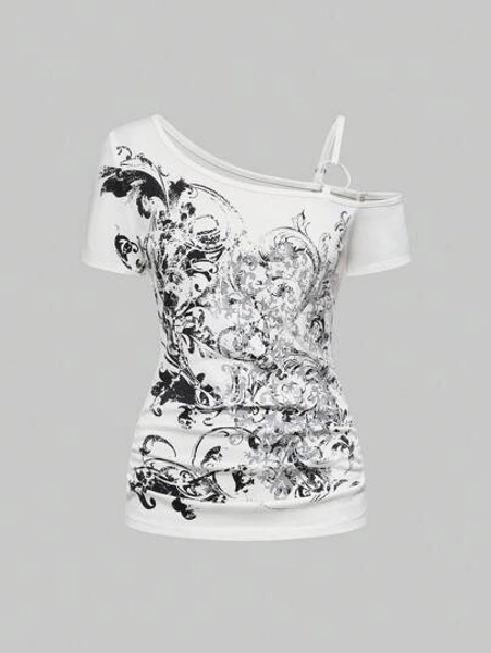 ROMWE Grunge Punk Cute Tropical Purple Vine Cross Shoulder Sleeveless Elastic Shirred Women's T-Shirt, Suitable For Summer Beach, Graduation, Easter, Concerts, Nashville Vacation, Elegant