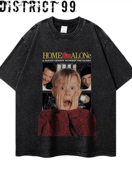 230g Christmas Movie Home Alone Cotton Washed Tee Streetwear Movie Short Sleeve T-Shirt Graphic Print Vintage Clothes