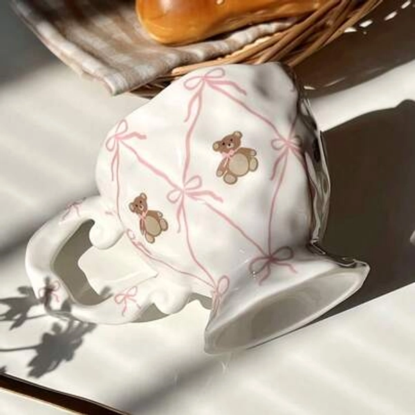 1pc Pink Butterfly & Teddy Bear Ceramic Coffee Mug, Asymmetrical Shaped Teacup, Suitable For Living Room, Cafe, Office, Restaurant - Size Bow-shaped Bear Cup - 1pc