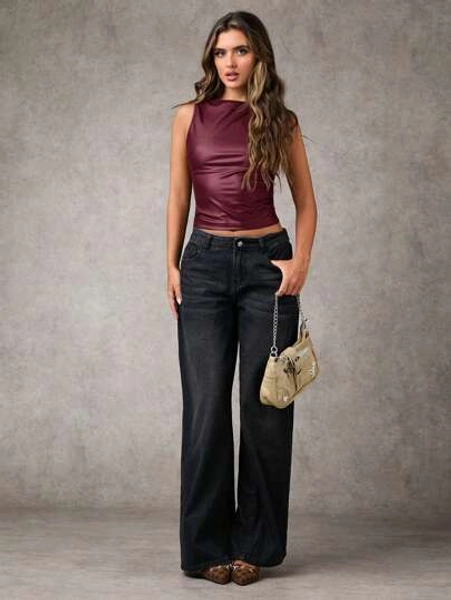 SHEIN BAE Women Solid Ruched Crew Neck Casual Camisole