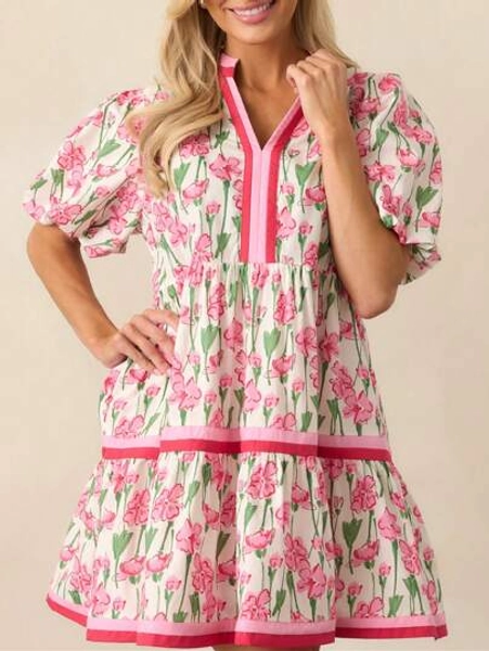 Women Y2K Babydoll Mini Dresses V Neck Puff Sleeve Short Dress Beach Sundress