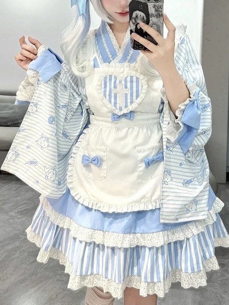 [£56.83]Blue Striped Little Ghost Print Top + Tiered Skirt + Apron Wa Lolita Set