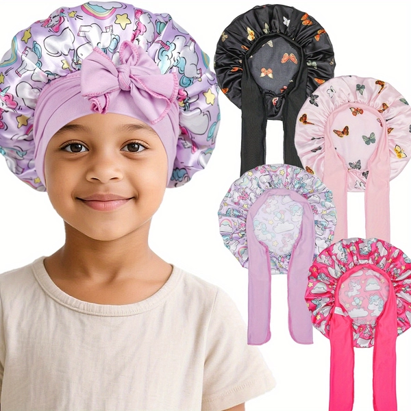 [4-Pack Kids' Bonnets] 4-Pack Kids' Printed Satin Bonnets with Ties – Stylish, Comfortable Caps, Breathable & Non-Slip for Daily Hair Protection, Machine Washable, All-Season Use, Black with Colorful Animal & Fantasy Designs, Sleepwear Accessories, Playful Kids' Accessory, Soft Texture Cap