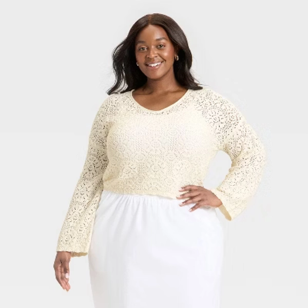 Women's Open Stitch V-Neck Pullover Sweater - Universal Thread™ Cream 2X