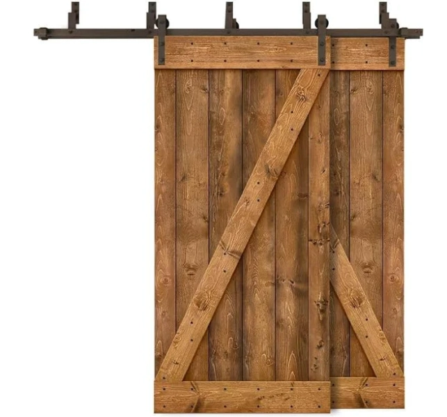 CALHOME 84-in Walnut Knotty pine Wood Solid core Double Bypass Barn Door