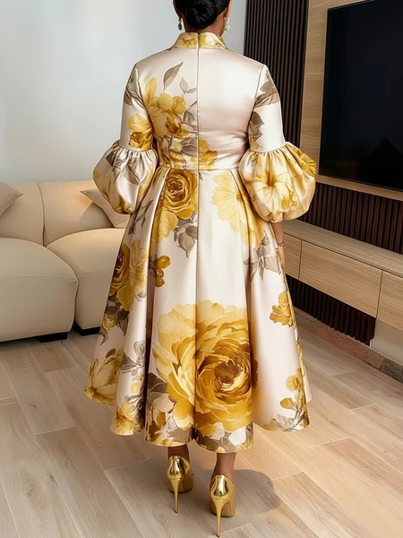 plus size floral print dress puff sleeves stand collar - Temu