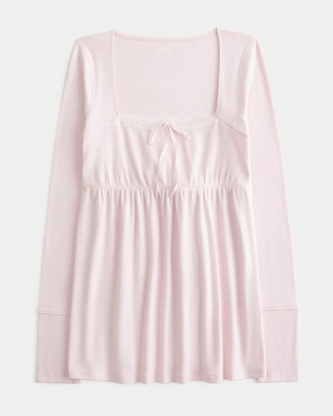 Easy Lace Trim Long-Sleeve Babydoll Top