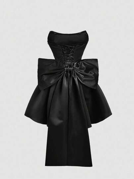 SHEIN MOD Satin Fitted Bandeau Bow Decor Mini Dress - Size M