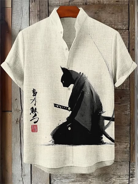 Men's ink-wash style samurai cat print short-sleeved shirt, stand-up collar casual men's top, outdoor casual Hawaiian shirt. - AliExpress 200000343