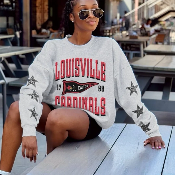Louisville Cardinals Pennant Pride Embellished Star Sleeve Crewneck Pullover