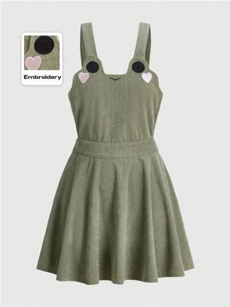 ROMWE Kawaii Plus Size Women Cute Frog Embroidery Casual Suspender Short Dress