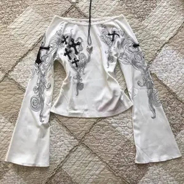 White Off-The-Shoulder Flared Sleeve Print Y2K T-Shirt