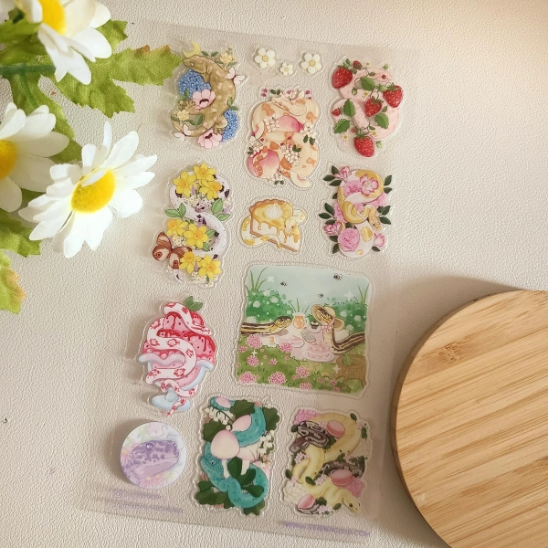 Snakes and gecko with flowers clear sticker sheet Reptile, deco sticker, laptop sticker, clear glossy cute stickers