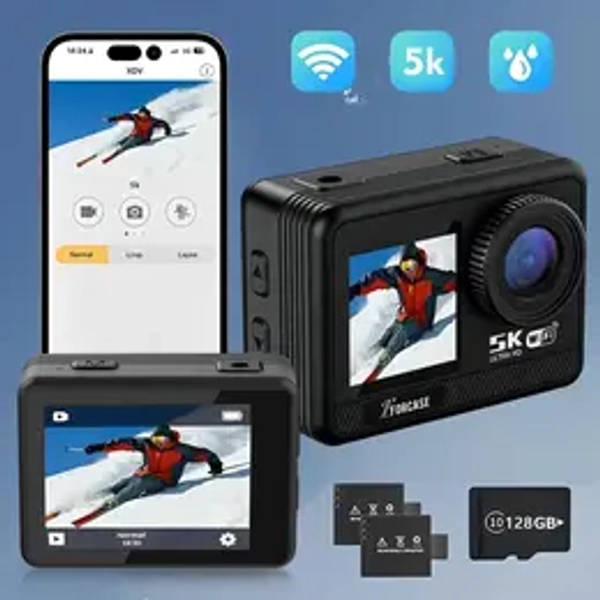 5K Wireless Action Camera, 30FPS Ultra HD Video, 12MP Photos, EIS Stabilization, App Control, Webcam Mode, 128GB Card Included