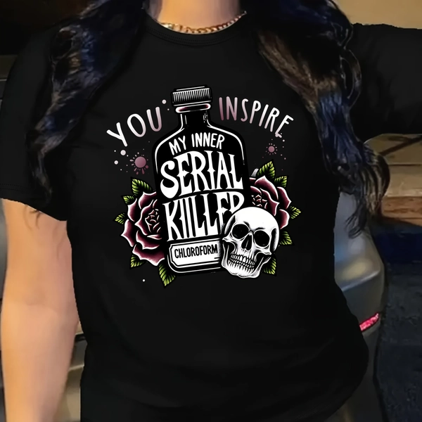 Women'S Plus Size Skull & Rose Graphic T-Shirt - "You Inspire My Inner Kill My Chemical" Funny Slogan, Casual Crew Neck Short Sleeve Top, Black with White Print, Gothic Rock Style, Allseason Apparel | Skull Graphic Tee | Bold Graphic Print