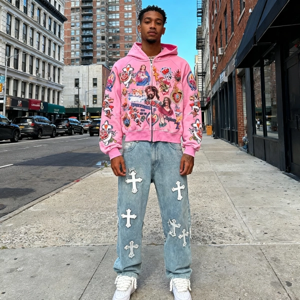 Vintage Risen King Graphic Acid Washed Oversized Zip-Up Hoodie