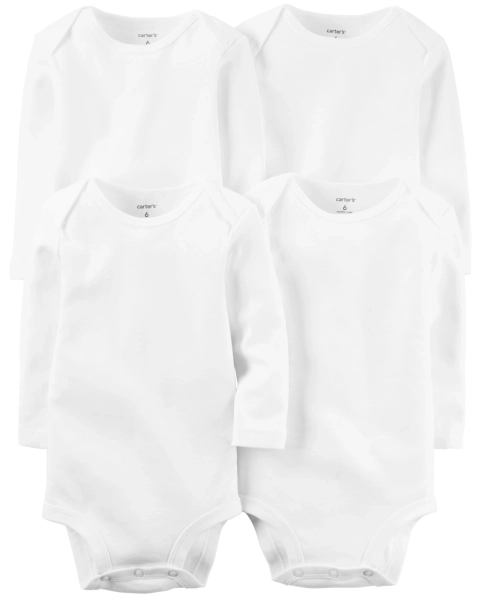 Pack cuatro bodies de algodón, manga larga, blancos — Carters PY