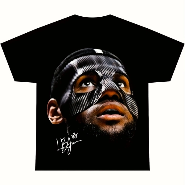 Men's Graphic T-Shirt - Black Basketball Player Design with Mask & Autograph Detail, 3D Tailored Regular Fit Round Neck Short Sleeve, Machine Washable Casual Tee for Adults, Perfect Gift, Basketball Shirt, Sports Fan Apparel, Fashion