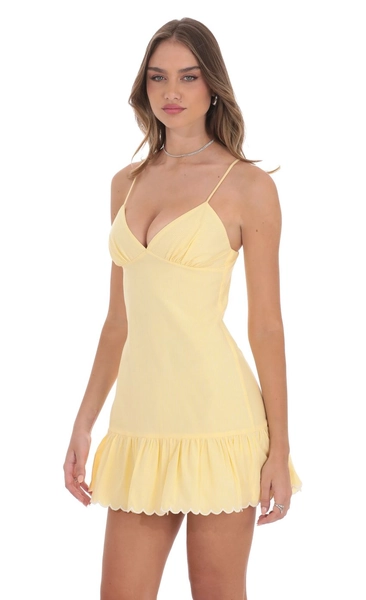 Pinstriped Scallop Ruffle Dress in Yellow | LUCY IN THE SKY