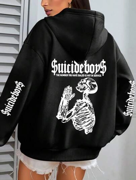 Loose Casual Women's Skull Praying Pose Text Pattern Graphic Zip-Up Jacket | Loose Casual Fall/Winter Coat Graphic Zip-Up Hoodie | Plus Size Women Clothes,Plus Size Tops,Tops Plus Size Women,Curvy Plus Size Clothes,Plus Tops,Plus Size T Shirts,Plus Size Maternity Clothes,Tshirts Women Plus Size,Halloween Gifts