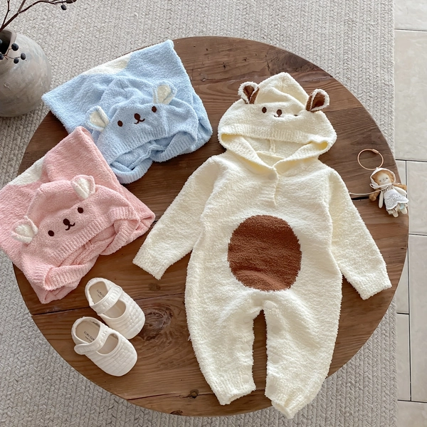 Clothes Autumn/Winter Outfit for and, Cute Bear Ears Hooded Romper, Plush Onesie for Outdoor Wear, Unisex Style for 0-2 Years, Perfect for Outdoor