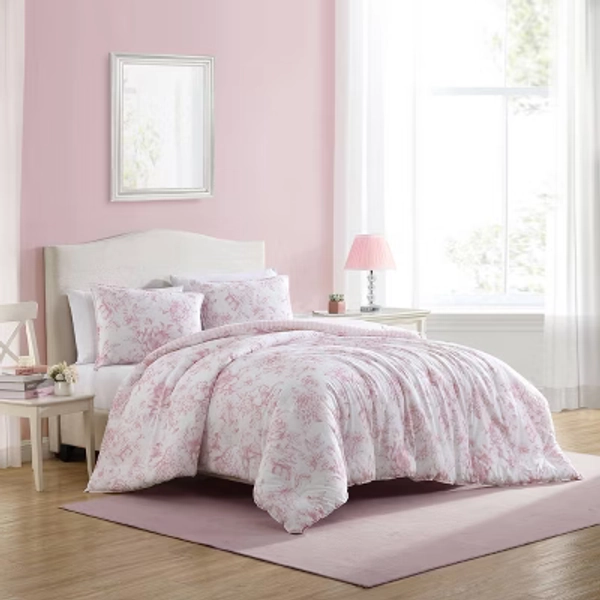 Laura Ashley 2pc Twin Delphine Comforter Bedding Set Pink: Cotton Floral Pre Washed, OEKO-TEX Certified
